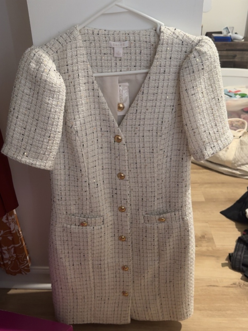 Cache Cream Tweed Midi Dress with Gold Buttons